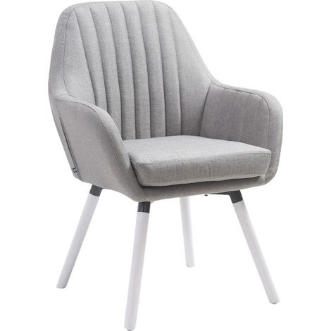 Chaise de salle à manger design rétro moderne avec accoudoirs rembourrée en tissu gris avec pieds en bois blanc 100008837 (1/3)
