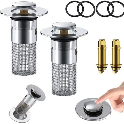 Filtre de siphon de sol en acier inoxydable, bouchon de lavabo avec panier filtrant amovible en acier inoxydable, filtre de siphon escamotable anti-odeurs (2 pièces) (1/5)