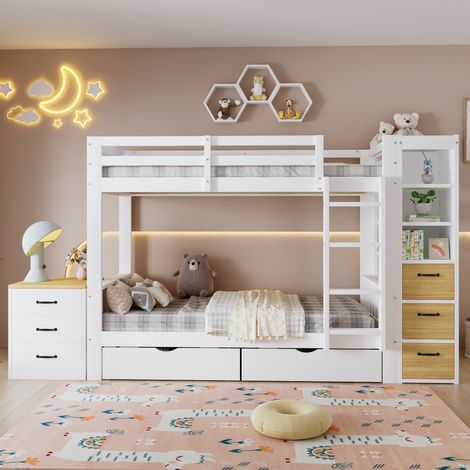 Lit superposé enfant 90x200 cm en bois, 2 couchages, rangement latéral, tiroirs, échelle, table de chevet, Bois massif + MDF, blanc et naturel (1/5)
