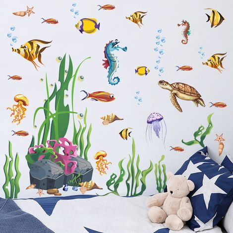 BEBUSINGOTO Un conjunto de pegatinas de pared con diseño de tortuga marina y peces, ideal como decoración de pared para dormitorio, baño, guardería o guardería. (1/5)