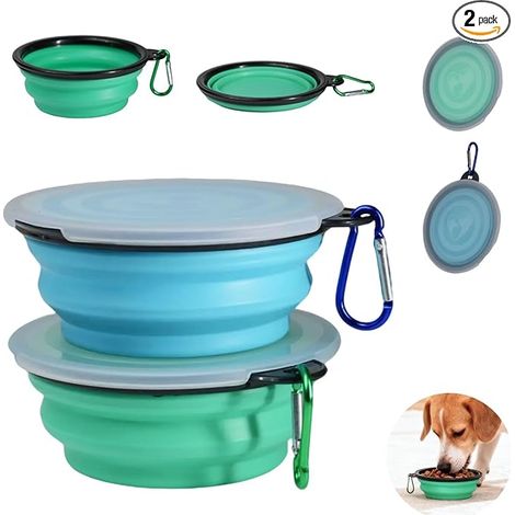 Bols Repliables Gamelles de Voyage pour Chien et Chat, Gamelles de Voyage Anti Fuites en Silicone, avec Mousquetons, pour Nourriture et Eau, 450 ML, Bleu pâle et Vert pâle (1/5)
