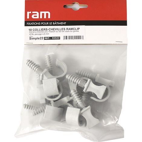 10 colliers chevilles RAMCLIP simple gris pour tube nu Ø22 et prégainé Ø12 - RAM (1/2)