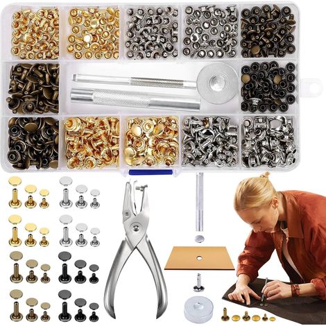 360 Pièces Ensemble de Rivets en Cuir, Jeu de Rivets à Double Capuchon en Métal, Rivets pour Bracelet en Cuir, Rivets Cuir Set, 6mm/8mm/12mmOutil de Fixation du Cuir Artisanal DIY (Pinces avec Trous) (1/5)