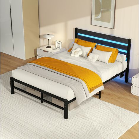 Lit plateforme 140x200 cm métal/MDF noir, LED USB, gain de place, sans matelas – MEUBLIV (1/5)