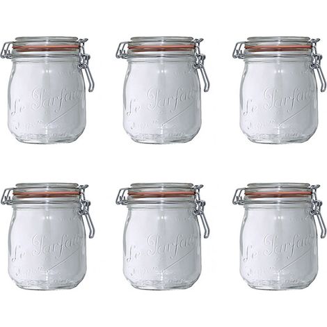 Ensemble de 6 bocaux en verre transparent 750 ml – Hauteur 14 cm – Diamètre 8,5 cm – Étanchéité parfaite pour conservation – Le Parfait