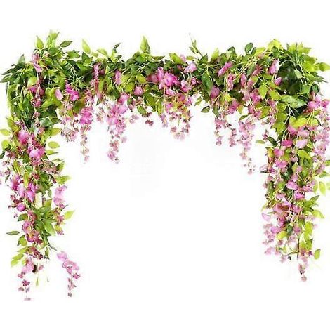 Guirlande de 5 fleurs de glycine artificielle rouge et violette, 5 pièces au total, 10 mètres (33 pieds) de fausse vigne de glycine en soie à suspendre pour la maison, le jardin, les fêtes, les mariag (1/5)
