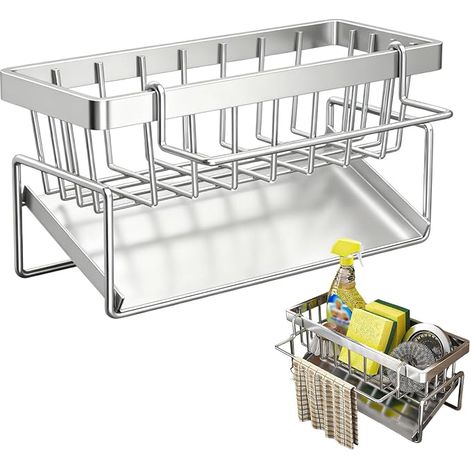 Organizzatore per lavello da cucina color argento con porta spugna, contenitore per lavello con vassoio di scolo e portasciugamani rimovibile, organizer per lavello in acciaio al carbonio (1/5)