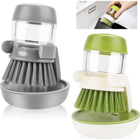 Lot de 2 brosses à vaisselle multifonctions avec distributeur de détergent et base, pour un nettoyage efficace des casseroles, de la vaisselle, de l'évier et plus encore.