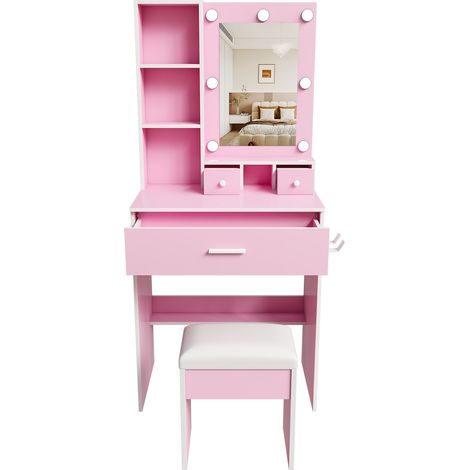 Coiffeuse rose avec miroir LED réglable, tiroirs, prise intégrée et tabouret rembourré - MDF, 60x38x131,5 cm (1/5)