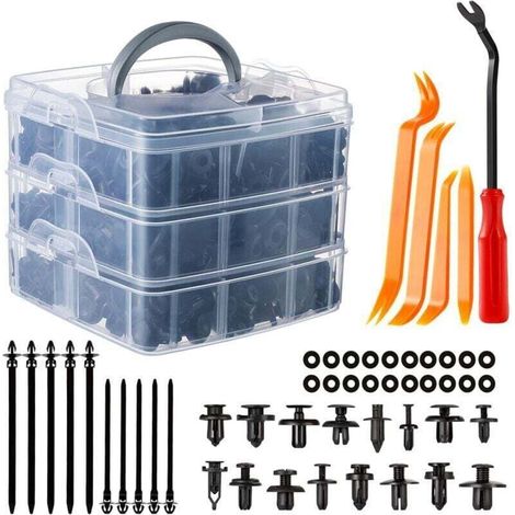 Clips Voiture, 665 Pcs Rivet Clips Plastique Fixation Noir Universel pour Auto Voitures Panneaux Garnitures de portières avec Boîtier de Rangement et Outil Démontage Installation