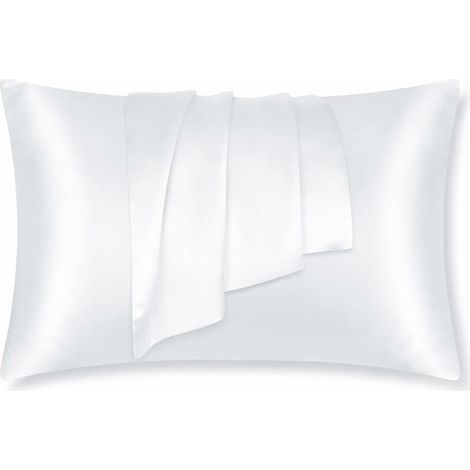 Taie d'oreiller blanche en soie naturelle 43x63cm, 100% pure soie de mûrier, soin des cheveux et de la peau, infroissable, fermeture éclair, lot de 2, 16 mommes, soie. (1/5)