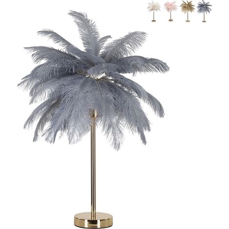 Lampe de table avec abat-jour en plumes et 2 sources lumineuses Palm S - Gris (1/5)