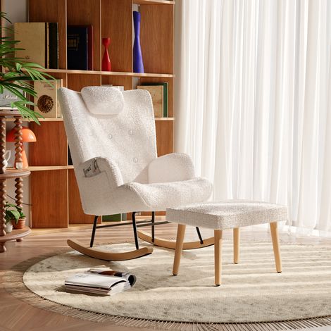 Rocking chair, Fauteuil à bascule capitonné avec tabouret, Chaise Relaxante avec poches latérales, appui-tête, dossier haut, cadre en métal et en Bois Massif - Blanc (1/5)