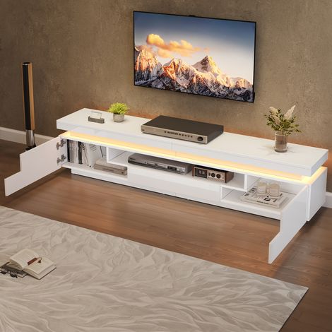Meuble TV LED blanc - peut accueillir des téléviseurs jusqu'à 75 pouces, 2 portes 1 tiroir, meuble bas pour salon chambre, 175×38×45cm (1/5)