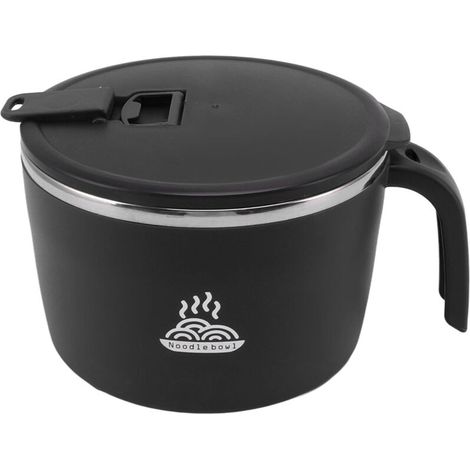 Bol à nouilles instantanées en acier inoxydable, noir, capacité 1300 ml avec couvercle pour repas rapides
