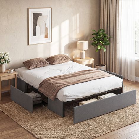 Cadre lit double Gris avec lattes 3 tiroirs bois/polyester/métal 165x193x30 cm