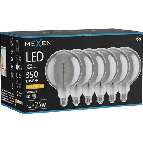 Mexen Vintis 6x Ampoule filament spirale LED E27, G125, 6W, Chaude - 2200K, 350 lm, fumée - L168-E27-0622-70x06 (1/5)