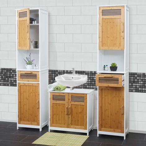 Meubles de salle de bain HWC-A85, 2x armoire haute, meuble sous évier, bambou, blanc (1/4)