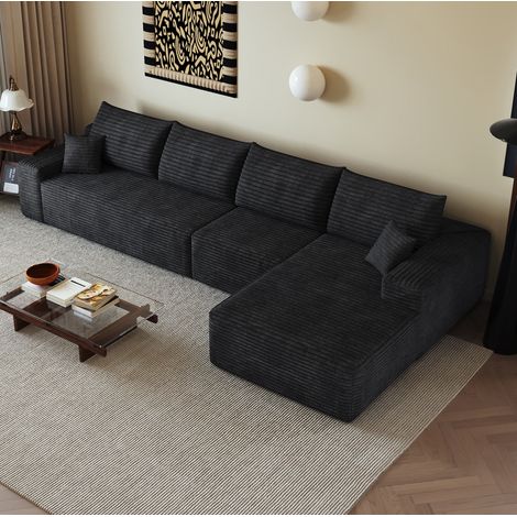 Divano angolare modulare con chaise longue reversibile, non richiede montaggio, seduta profonda, tessuto in velluto a coste nero. (1/5)