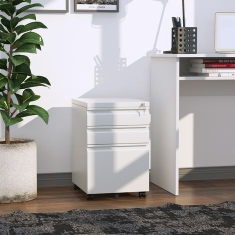 Rollcontainer mit 3 Schubladen mobiler Aktenschrank mit Rollen abschließbar Büroschrank mit konkavem Griff, Schubladenschrank für Büro, Homeoffice, 39 x 48 x 60 cm, Weiß (1/5)