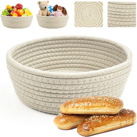 Corbeille à Pain Tressée Panier de Rangement Rond Panier à Pain Panier Tissé en Corde de Coton Petit Panier Rangement Corbeille de Fruits Pain Blanc Cassé pour Cuisine, Salle à Manger (1/5)