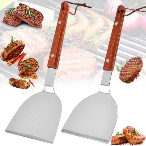 Spatule Teppanyaki - 2 Pièces - Acier Inoxydable Et Bois - Finition Miroir - Pour Barbecue Et Cuisine - 2 Tailles (1/5)