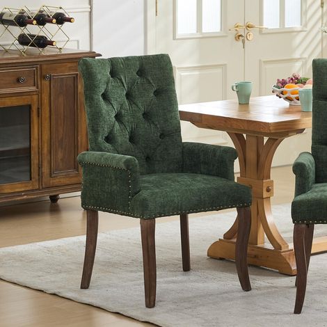 Chaise 69x57x100.5 cm de salle à manger, Fauteuil capitonné de table pour salon et cuisine, Tissu chenille et pieds galbés,Vert olive (1/5)