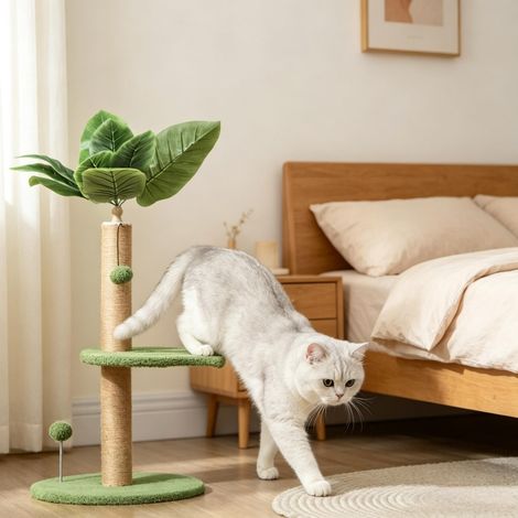 Arbre à chat design naturel Ø40 x 83 cm – feuilles décoratives et jouets suspendus – vert (1/5)