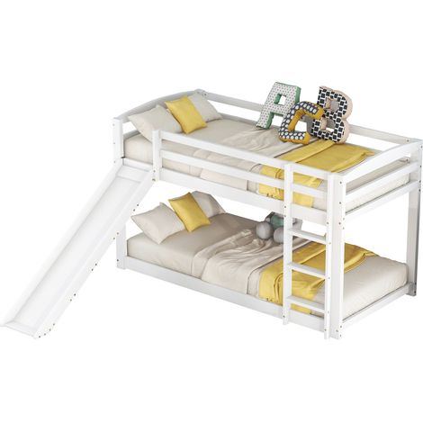 Lit superposé enfant en pin blanc 90x200 cm avec toboggan et échelle réversible, sommier à lattes inclus (1/5)