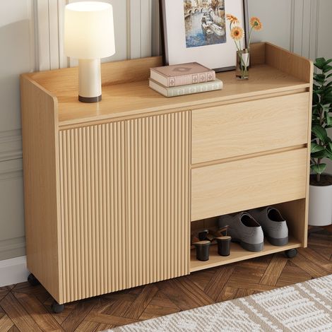 Scarpiera mobile 110 cm con ruote bloccabili, mensole regolabili e 2 cassetti, per 8 paia, comodino di archiviazione per corridoio, ingresso e soggiorno