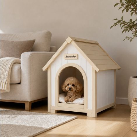Caseta para perros de interior de madera, 60 x 55 x 70 cm, color crema, con cojín extraíble OKMYHOME (1/5)