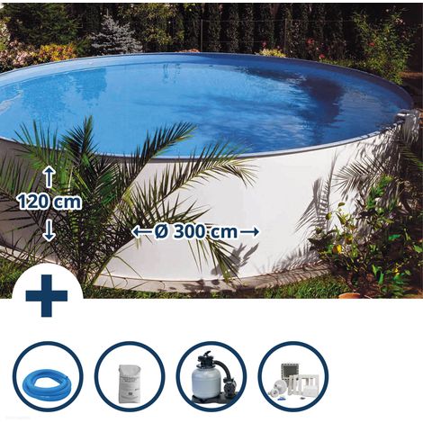 Stahlwandpool Set rund Brasilia 300x120 cm, Stahl 0,6 mm weiß, Folie 0,6 mm blau, Einhängebiese (1/5)