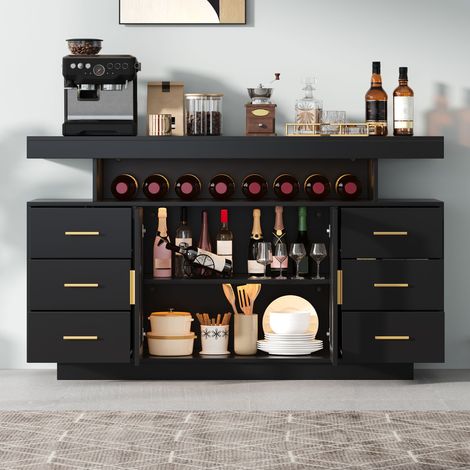 Meuble bar 140x40x82 cm, cave à vin, 6 tiroirs, 2 portes vitrées, éclairage LED RGB, rangement bouteilles et verres pour cuisine salon salle à manger - Noir (1/5)