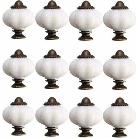 Lot de 12 boutons de porte de meuble de style vintage (30 mm), en céramique blanche, avec 12 vis. (1/5)