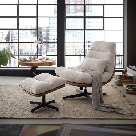 Fauteuil pivotant 78x94x99cm en tissu blanc et pied noir (1/5)