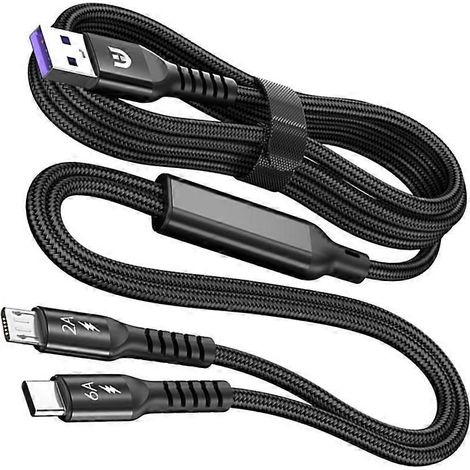 Câble de charge USB 66 W, gaine en nylon tressé, avec répartiteur USB vers Type C et USB 5 broches. (1/4)