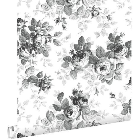 Papier peint roses noir et blanc – Motif romantique pour chambre et salon – Intissé écologique 53cm x 10,05m – Raccord sauté – Estahome (1/5)
