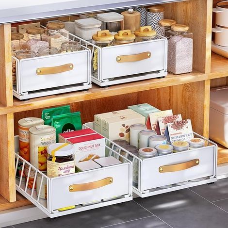 Tiroir Coulissant Cuisine, Organiseur D'armoire Coulissant Fixé Avec Un Nano Film Adhésif, étagères De Garde-Manger Coulissantes Robustes, 40 Profondeur x 25 Largeur x 16 Hauteur cm,Blanc (1/5)