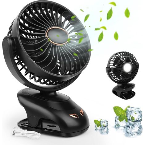 Ventilateur portable silencieux (noir) - Rechargeable par USB - Affichage LED - Veilleuse - 5 vitesses de ventilation - Rotation à 90° (1/5)
