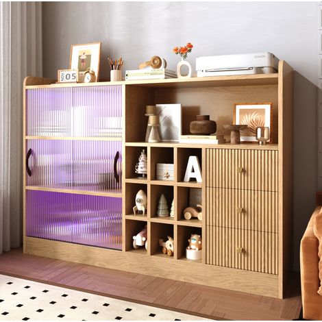 Credenza 120 cm con vetro scorrevole, portabottiglie e LED, effetto legno naturale DESVIAE (1/5)