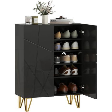 Meuble à chaussures à double porte avec étagère à chaussures, trois étagères réglables, dimensions : 72 x 31,5 x 95 cm, noir. (1/5)