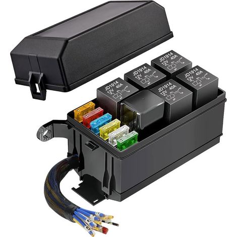 Pre-wired 12V Fuse and Relay Box, 6 Relay Slots and 6 ATC/ATO Fuse Holders, with 6 Fuses and 5 JD1914 5-Pin Relays and 1 RTT7121 4-Pin Relay