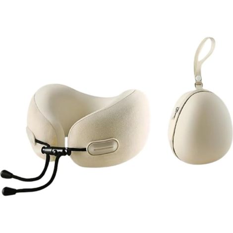 Oreiller de voyage en mousse à mémoire de forme pour la nuque - Conception ergonomique et compacte, convient aux voyages en avion, en voiture et aux longs trajets (blanc cassé)-AquaForge (1/5)