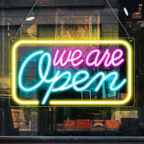 Neon-Leuchtschilder „Open“ für Geschäfte, 42 x 23 cm, LED, mit Ein-/Ausschalter und Adapter, für Schaufenster, Partys, Wände, Bars usw. (1/5)
