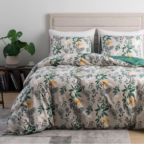 Housse de Couette 240x260 cm Motif Feuilles Beige Vert - Linge de Lit Réversible Adulte avec 2 Taies d'oreiller 5075 cm (1/4)