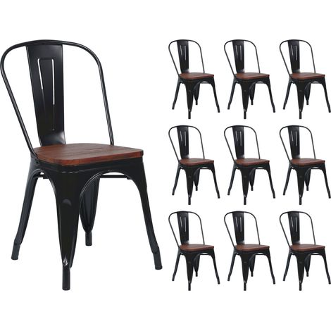 Confezione da 10 sedie impilabili in acciaio e legno stile industriale, dimensioni 45x45x85 cm, Thinia Home
