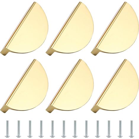 6 tiradores de muebles dorados en forma de media luna - Aluminio dorado con tornillos para mesita de noche, cocina y cómoda (1/4)
