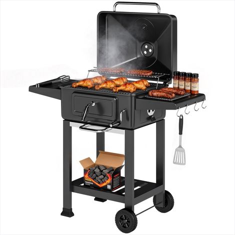 Barbecue au charbon Chariot barbecue à charbon 112 cm noir acier (1/5)