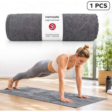 Serviette de yoga avec points adhérents, antidérapante, microfibre douce absorbante pour tapis de Pilates et fitness, gris. (1/5)