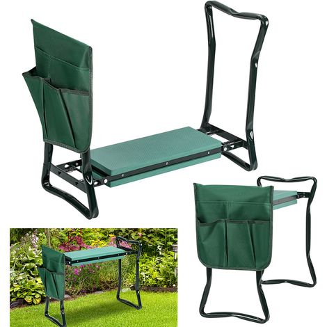 TolleTour Banco de jardín plegable 2 en 1 con cojín para rodillas de espuma EVA, estructura de acero 150 kg, asiento cómodo con bolsa de herramientas desmontable